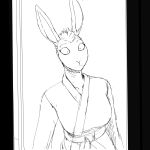  1:1 anthro black_and_white clothing eyebrow_piercing facial_piercing female hi_res hladilnik lagomorph leporid mammal monochrome piercing pro_bun_(hladilnik) rabbit reaction_image robe sketch solo wide_eyed 