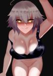  1girl absurdres ahoge biriyb black_background black_shirt black_tank_top eyebrows eyebrows_visible_through_hair fate/grand_order fate_(series) grey_hair highres jeanne_d&#039;arc_(alter)_(fate) jeanne_d&#039;arc_(fate)_(all) looking_at_viewer no_panties shirt short_hair simple_background smile tank_top yellow_eyes 