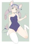  1girl absurdres animal_ears blush bright_pupils closed_mouth donguri_suzume full_body gradient_hair green_background green_eyes grey_hair hand_up hatsuka_chiyu hatsuka_chiyu_channel highres looking_at_viewer mouse_ears mouse_tail multicolored_hair musical_note_earrings purple_swimsuit school_swimsuit simple_background single_sock single_thighhigh sitting socks solo swimsuit tail thighhighs twintails v virtual_youtuber wariza white_legwear white_pupils 