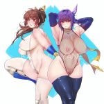  2girls arm_guards armpits arms_behind_back arms_behind_head ayane_(doa) bangs bare_shoulders blue_background blue_legwear breasts brown_eyes brown_hair butcherboy closed_mouth covered_nipples curvy dead_or_alive elbow_gloves fishnet_leotard gloves halterneck high_ponytail kasumi_(doa) large_breasts long_hair multiple_girls ninja nipples parted_lips pubic_hair purple_eyes purple_hair purple_ribbon ribbon scarf shin_guards short_hair standing thighhighs white_legwear yellow_ribbon yellow_scarf 