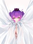  1girl absurdres artist_name bangs blush breasts cleavage covering covering_body curtain_grab curtains cz_(mikumikumi) eyebrows_visible_through_hair eyelashes eyeshadow green_eyes hair_between_eyes half-closed_eyes highres hololive horned_headwear large_breasts long_hair looking_at_viewer makeup navel nude nude_cover purple_hair see-through_silhouette sidelocks simple_background smile smirk solo standing stomach symbol_commentary tokoyami_towa transparent tsurime twintails virtual_youtuber white_background white_curtains 