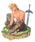  1boy abs blonde_hair blue_eyes boots chest collarbone earth fingerless_gloves full_body gloves highres link male_focus medium_hair no_nipples one_eye_covered pants planted_weapon pointy_ears rock shiny shiny_hair shiny_skin shirtless sitting smile solo sword the_legend_of_zelda weapon youchi123 