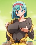  1girl bangs blue_eyes blue_hair blunt_bangs blush bodysuit bodysuit_under_clothes breasts bulma closed_mouth covered_nipples dragon_ball dragon_ball_(classic) hairband impossible_bodysuit impossible_clothes large_breasts runaru short_hair smile solo upper_body 