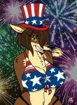  anthro big_breasts blue_eyes breasts brown_body brown_fur canid canine canis clothed clothing female fur hair hi_res huge_breasts looking_at_viewer lucy_lupa mammal patriotism politics smile solo tongue unclescooter wolf 