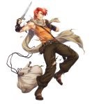  1boy bag belt boots dagger fingerless_gloves fire_emblem fire_emblem:_mystery_of_the_emblem fire_emblem_heroes full_body gloves highres julian_(fire_emblem) official_art red_eyes red_hair scarf solo teeth torn_clothes transparent_background weapon yamada_koutarou 