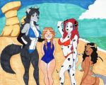  anthro beach beaver big_breasts bikini blue_eyes bovid breast_size_difference breasts brown_eyes butt canid canine canis caprine charlene_palmer cleavage clothed clothing constance_johnson dalmatian domestic_dog dreadwolfclaw1990 ear_piercing eyes_closed female friends goat group hand_on_hip hand_on_shoulder hi_res looking_at_viewer looking_back mammal navel one-piece_swimsuit piercing pigtails rear_view rodent sea seaside shirley_robins size_difference smile swimwear sybil_mccready sybil_vaadia under_boob water wolf 