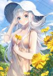  1girl artist_name bag bare_shoulders blue_eyes blue_sky blush breasts cleavage closed_mouth cloud collarbone commentary_request cowboy_shot day dress floating_hair flower hand_in_hair hand_up hat highres long_hair medium_breasts original outdoors power_lines shoulder_bag silver_hair sky sleeveless sleeveless_dress smile solo sun_hat sundress unity_(ekvmsp02) very_long_hair wind yellow_flower 