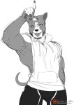  2019 absurd_res anthro booboo34 bottomwear canid canine canis clothing daxx_(shirteater18) domestic_dog greyscale hand_sign hi_res hoodie looking_at_viewer male mammal monochrome muscular muscular_anthro muscular_male obliques patreon pit_bull shirt shirteater18 simple_background sketch sleeveless_hoodie smile solo tank_top text tongue tongue_out topwear url white_background 