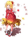  1girl aka_tawashi aki_shizuha autumn_leaves blonde_hair blush breasts collared_shirt eyebrows_visible_through_hair gradient_clothes gradient_skirt hair_ornament hairband high_heels highres leaf leaf_hair_ornament legs looking_at_viewer maple_leaf open_mouth red_footwear red_shirt red_skirt shirt short_hair skirt smile socks strappy_heels touhou waving white_background white_legwear wide_hips yellow_eyes 