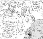  1girl 2boys annoyed bb_(baalbuddy) bulletproof_vest chris_redfield claire_redfield commentary dog_tags english_commentary english_text facial_hair greyscale h highres holding holding_phone jitome leon_s_kennedy monochrome multiple_boys open_mouth phone ponytail profanity resident_evil resident_evil_5 smile stubble wide-eyed 