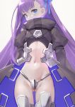  1girl armor armored_boots ass bangs blue_eyes blue_ribbon boots commentary_request crotch_plate fate/grand_order fate_(series) flat_chest hair_ribbon highres long_hair long_sleeves looking_at_viewer meltryllis navel puffy_sleeves purple_hair revealing_clothes ribbon shrug_(clothing) simple_background sleeves_past_wrists solo very_long_hair white_background yunar 