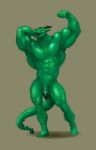  2017 abs anthro barazoku biceps big_biceps big_muscles deltoids dragon eyes_closed flaccid flexing genitals green_body hand_behind_head horn humanoid_genitalia humanoid_penis male mickey_the_retriever muscular muscular_anthro muscular_male navel nude obliques open_mouth penis quads reptile scalie simple_background smile solo standing tongue triceps varanis_blackclaw vein veiny_penis 