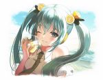  1girl ashiyafuku blue_hair close-up commentary food food_themed_hair_ornament fruit hair_ornament hatsune_miku holding_drink lemon lemon_hair_ornament long_hair looking_to_the_side morning necktie ocean smile solo twintails vocaloid 