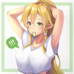  !! 1girl absurdres arms_up bare_arms blonde_hair braid breasts cleavage collarbone commentary_request crop_top elf green_eyes hair_ornament hands_in_hair highres ijac_ray large_breasts leafa long_hair looking_at_viewer mouth_hold pointy_ears ponytail shirt short_hair smile solo sword_art_online twin_braids upper_body white_shirt 