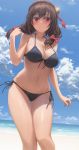  1girl absurdres bangs bare_arms bare_shoulders beach bikini black_bikini black_hair blue_sky blush bow braid breasts cleavage cloud collarbone crown_braid day french_braid front-tie_bikini front-tie_top groin hair_bow hair_ornament hair_ribbon halterneck hand_up highres kono_subarashii_sekai_ni_shukufuku_wo! large_breasts long_hair looking_at_viewer low_twintails navel ocean outdoors red_bow red_eyes red_ribbon revision ribbon shore side-tie_bikini sky smile standing stomach string_bikini swimsuit thighs twintails yohan1754 yunyun_(konosuba) 