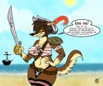  anthro beach blue_eyes breasts brown_body brown_fur canid canine canis clothed clothing digital_media_(artwork) english_text female fur hair looking_at_viewer lucy_lupa mammal melee_weapon pinup pirate_hat pirate_outfit pose seaside ship smile solo sword text unclescooter vehicle watercraft weapon wolf 