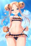  1girl abigail_williams_(fate/grand_order) ass_visible_through_thighs bangs bare_shoulders bikini black_bikini black_bow blonde_hair blue_eyes blue_sky blush bow cloud collarbone day double_bun emerald_float fate/grand_order fate_(series) forehead hair_bow heart highres long_hair looking_at_viewer navel open_mouth orange_bow parted_bangs polka_dot polka_dot_bow sky smile solo standing swimsuit thigh_gap tomo_(user_hes4085) 