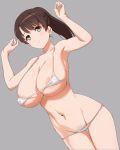  1girl a1 alternate_breast_size areolae armpits arms_up bangs bikini breasts brown_eyes brown_hair cleavage closed_mouth commentary_request dutch_angle eyebrows_visible_through_hair grey_background halterneck high_ponytail highres katou_megumi large_breasts micro_bikini navel saenai_heroine_no_sodatekata smile stomach swimsuit thighs underboob 