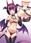  1girl :d ass_visible_through_thighs back bangs bare_shoulders bikini black_bikini black_legwear blush breasts collarbone covered_nipples cowboy_shot cropped_legs cupless_bikini demon_girl demon_tail demon_wings detached_sleeves dimples_of_venus eyebrows_visible_through_hair fangs fate/grand_order fate_(series) forehead_jewel gradient gradient_background hand_up head_wings heart heart_pasties highres horns long_sleeves low_wings multiple_views nail_polish navel oni_horns open_mouth pasties pubic_tattoo purple_eyes purple_hair purple_nails purple_wings short_hair shuten_douji_(fate/grand_order) skindentation small_breasts smile stomach succubus swimsuit tail tako_seijin tattoo thigh_gap thighhighs white_background wings 