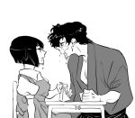  1boy 1girl black_hair commentary_request drinking_straw greyscale japanese_clothes kunou_tatewaki looking_at_another lowres manako_(nosey) milk milk_carton monochrome ranma_1/2 school_uniform short_hair sitting spill tendou_nabiki 