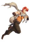  1boy bag belt boots dagger fingerless_gloves fire_emblem fire_emblem:_mystery_of_the_emblem fire_emblem_heroes full_body gloves highres julian_(fire_emblem) official_art open_mouth red_eyes red_hair scarf solo teeth transparent_background weapon yamada_koutarou 