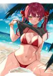  1girl :q absurdres bare_shoulders beach bead_bracelet beads bikini black_shirt blurry bracelet breasts cleavage closed_mouth day depth_of_field hair_ribbon hand_up heterochromia highres hololive houshou_marine jewelry large_breasts long_hair looking_at_viewer navel necklace ocean outdoors red_bikini red_eyes red_hair ribbon satoupote shirt shirt_lift sky sleeveless sleeveless_shirt smile solo stomach string_bikini sun sunlight swimsuit thighs tongue tongue_out twintails virtual_youtuber water wet yellow_eyes 