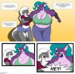  anthro big_breasts breaking_the_fourth_wall breasts cjshadorunner cleavage clothed clothing comic dialogue duo ear_piercing ear_ring english_text eye_contact eyewear female glasses kelsey_sienna leviathan looking_at_another mammal mephitid micky midriff overweight overweight_female piercing red_eyes skunk text 
