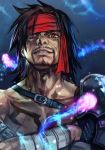  1boy black_hair chest_tattoo crossed_arms facial_hair final_fantasy final_fantasy_x gloves hankuri headband jecht long_hair male_focus muscle red_eyes scar shirtless single_bare_arm single_glove smile solo tattoo upper_body 