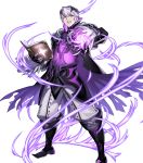  1boy alternate_costume boots fire_emblem fire_emblem_awakening fire_emblem_heroes full_body gloves highres horns komiya_kuniharu magic official_art robin_(fire_emblem) robin_(fire_emblem)_(male) solo teeth torn_clothes white_hair yellow_eyes 