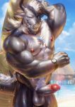  2020 abs anthro balls beach biceps blue_eyes bodily_fluids body_hair chest_hair claws clock dragon dripping dripping_wet erection fangs genital_fluids genitals grey_body hair happy_trail hi_res horn jewelry lifeguard looking_at_viewer male mane mane_hair muscular muscular_anthro muscular_male necklace nipples nude nviek5 open_mouth outside pecs penis portrait precum precum_drip pubes quads sand scales scalie seaside sharp_teeth skinny_dipping solo spikes standing surfboard teeth three-quarter_portrait triceps vehicle watch water watercraft wet white_hair 