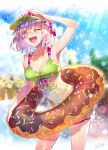  1girl armpits bare_shoulders bikini blurry blurry_background blush breasts cleavage collarbone contrapposto cowboy_shot doughnut_innertube dress_swimsuit eyes_visible_through_hair fate/grand_order fate_(series) floral_print green_bikini hair_over_one_eye hand_up highres innertube large_breasts lavender_hair lens_flare light_rays looking_at_viewer mash_kyrielight navel one_eye_closed open_mouth outdoors purple_eyes redrop shading_eyes short_hair signature smile solo sparkle sunbeam sunlight swimsuit thighs visor_cap water wet 
