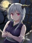  2020 3:4 5_fingers blush breasts female fingers hair hi_res horn horned_humanoid humanoid looking_at_viewer moon night not_furry pink_eyes silver_hair solo tree window yukinoshiro 