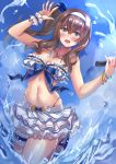  1girl :d a-na bare_shoulders bikini bikini_skirt blue_bikini blue_eyes blue_nails blue_sky blush breasts brown_hair cleavage cloud collarbone frilled_bikini frilled_skirt frills hair_between_eyes highres holding holding_microphone idolmaster idolmaster_cinderella_girls idolmaster_cinderella_girls_starlight_stage jewelry large_breasts long_hair looking_at_viewer microphone midriff navel necklace ocean open_mouth sagisawa_fumika sandals side_ponytail sidelocks skirt sky smile solo splashing strapless strapless_bikini swimsuit thigh_strap toenail_polish water waving white_skirt 