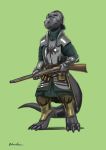  2020 5_fingers anthro armor blue_eyes clothed clothing digital_media_(artwork) fingers glowing glowing_eyes green_background grey_body grey_scales gun headgear helmet holding_gun holding_object holding_weapon lizard male ranged_weapon reptile rhaenjarr scales scalie simple_background solo weapon 