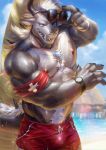  2020 abs anthro armband beach biceps blue_eyes body_hair bulge chest_hair claws clock clothed clothing dragon eyewear fangs grey_body hair happy_trail hi_res horn jewelry lifeguard looking_down male mane mane_hair muscular muscular_anthro muscular_male necklace nipples nviek5 open_mouth outside pecs portrait pubes quads sand scales scalie seaside sharp_teeth solo spikes standing sunglasses surfboard swimming_trunks swimwear teeth three-quarter_portrait triceps vehicle watch water watercraft white_hair 
