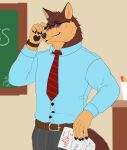  absurd_res anthro belt bottomwear canid canine canis clock clothed clothing dress_shirt eyewear fully_clothed fur glasses gloves_(marking) hi_res male mammal markings multicolored_body multicolored_fur necktie pants shirt solo teacher topwear treebarkdragon watch wolf 