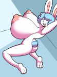  2019 3_toes angstrom anthro areola arms_above_head big_breasts biped blue_eyes blue_hair breasts butt digital_media_(artwork) female fur hair hi_res huge_breasts hyper hyper_breasts kneeling lagomorph leporid looking_at_viewer mammal molly_(angstrom) nipples nude open_mouth rabbit solo toes white_body white_fur 
