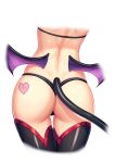  1girl ass ass_focus ass_tattoo back bikini black_bikini black_legwear cropped_legs demon_girl demon_tail demon_wings dimples_of_venus fate/grand_order fate_(series) from_behind highres low_wings purple_wings shuten_douji_(fate/grand_order) simple_background skindentation solo swimsuit tail tako_seijin tattoo thigh_gap thighhighs white_background wings 