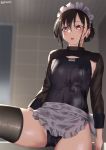  1girl :o bangs black_legwear black_swimsuit blurry blurry_background brown_hair competition_swimsuit depth_of_field eyebrows_visible_through_hair grey_apron indoors jonsun leg_up long_sleeves maid maid_headdress one-piece_swimsuit open_mouth original purple_eyes short_hair shrug_(clothing) solo swimsuit thighhighs twitter_username wet wet_clothes wet_swimsuit 
