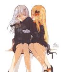  2girls :d :o ^_^ abigail_williams_(fate/grand_order) arm_support bangs black_bow black_dress black_footwear blonde_hair bloomers blush bow brown_eyes closed_eyes dress eyebrows_visible_through_hair facing_another fate/grand_order fate_(series) feet_out_of_frame hair_bow highres horns lavinia_whateley_(fate/grand_order) long_hair long_sleeves multiple_girls no_hat no_headwear open_mouth orange_bow parted_bangs profile shoes signature silver_hair single_horn sitting sleeves_past_fingers sleeves_past_wrists smile sofra twitter_username underwear very_long_hair white_background white_bloomers 