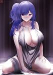  1girl arm_support azur_lane backless_dress backless_outfit bangs bare_shoulders between_legs blue_hair breasts cleavage dress earrings evening_gown eyebrows_visible_through_hair gdat grey_dress hair_between_eyes halter_dress hand_between_legs hand_on_own_thigh highres jewelry large_breasts looking_at_viewer necklace plunging_neckline purple_eyes revealing_clothes seiza side_ponytail sidelocks silver_dress sitting smile st._louis_(azur_lane) st._louis_(luxurious_wheels)_(azur_lane) thighs wooden_floor 