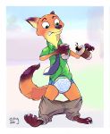  2020 3_toes 4_fingers anthro beverage blush border canid canine clothed clothing coffee coffee_cup diaper disney extry fingers fox fur green_clothing green_eyes green_shirt green_topwear hi_res male mammal nick_wilde orange_body orange_fur pants_down partially_clothed pull-ups_(diaper) shirt solo spilling_drink toes topwear wardrobe_malfunction white_border zootopia 