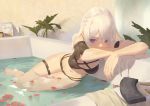  1girl ak-15_(girls_frontline) bikini black_bikini braid cirilla girls_frontline highres long_hair magazine_(weapon) partially_submerged petals purple_eyes silver_hair solo swimsuit thigh_strap water 