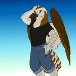  1:1 anthro avian beak black_beak clothed clothing feathered_wings feathers foxenawolf gradient_background green_eyes gryphon looking_at_viewer male mythological_avian mythology simple_background solo wings 