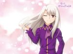  1girl ;d anime_coloring ascot asymmetrical_bangs bangs closed_mouth dress_shirt eyebrows_visible_through_hair fate/stay_night fate_(series) floating_hair gyatto624 hair_between_eyes hair_tubes hand_in_hair illyasviel_von_einzbern long_eyelashes long_hair long_sleeves looking_at_viewer one_eye_closed open_mouth pink_background pink_shirt purple_neckwear purple_shirt red_eyes shirt silver_hair smile solo standing twitter_username upper_body very_long_hair 