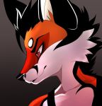  anthro black_ears brown_eyes canid canine fox fur looking_aside male mammal red_body red_fox red_fur redrick smile smiley_face solo unknown_artist 
