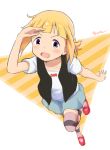  1girl :d aayh arm_up bangs black_vest blonde_hair blue_skirt blush bow commentary_request diagonal_stripes eyebrows_visible_through_hair kise_sacchan looking_at_viewer mitsuboshi_colors open_clothes open_mouth open_vest ponytail purple_eyes red_bow red_footwear shading_eyes shirt shoes short_sleeves skirt smile solo standing standing_on_one_leg striped striped_background striped_legwear thighhighs v-shaped_eyebrows vest white_shirt 