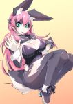  2020 5_fingers anthro barefoot breasts clothing fingers green_eyes hair lagomorph leotard leporid looking_at_viewer mammal pink_hair rabbit ribbons sakamata_orca simple_background smile solo yellow_background 