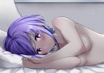  1girl blush breasts collarbone convenient_arm fate/grand_order fate_(series) hassan_of_serenity_(fate) indoors looking_at_viewer lying mizumok1 nude on_bed on_side pillow purple_eyes purple_hair short_hair small_breasts smile solo 