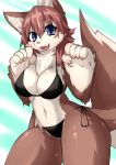  2019 5_fingers anthro blue_eyes bra brown_body brown_fur canid clothing cute_fangs female fingers fur hair looking_at_viewer mammal navel nipple_outline sakamata_orca simple_background smile solo thick_thighs underwear 